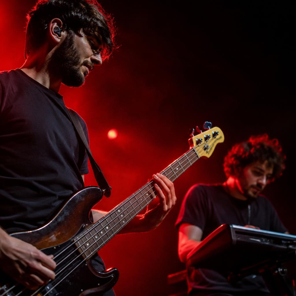 Bassist and keyboardist performing live