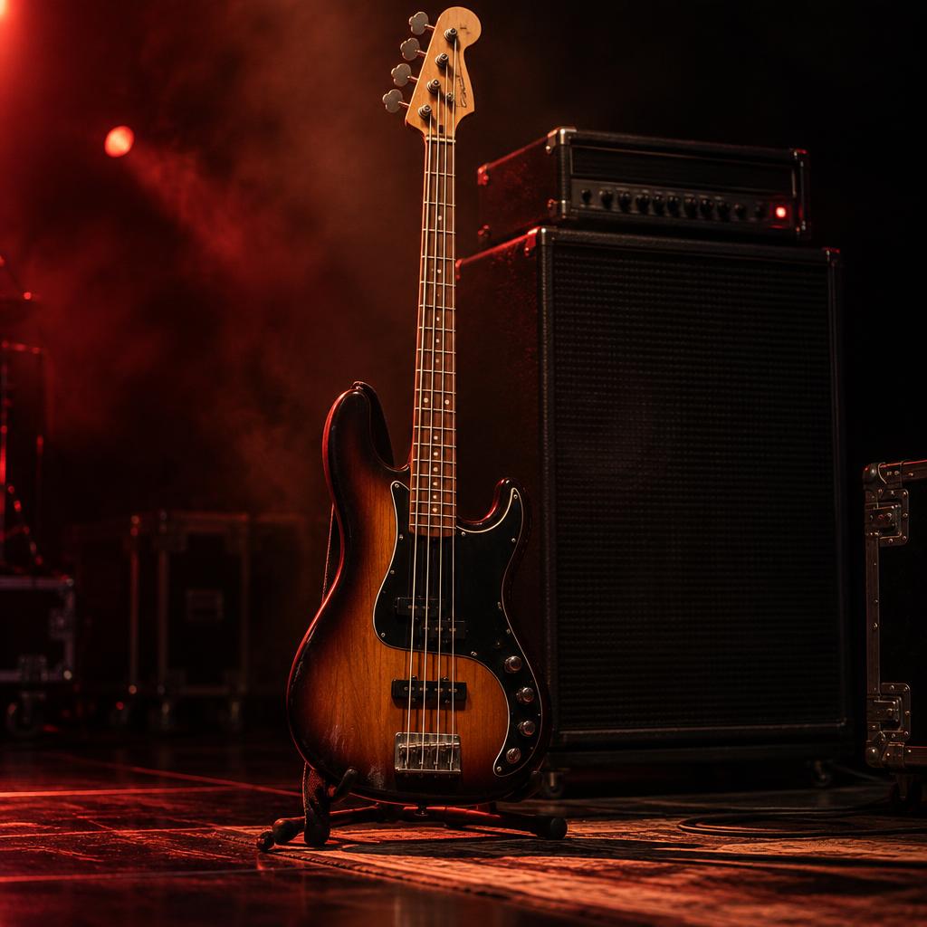 Bass guitar beneath a moody red stage spotlight