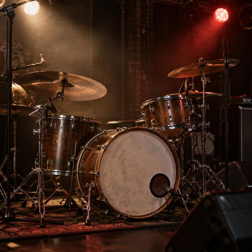 Drum kit beneath red and warm stage lights