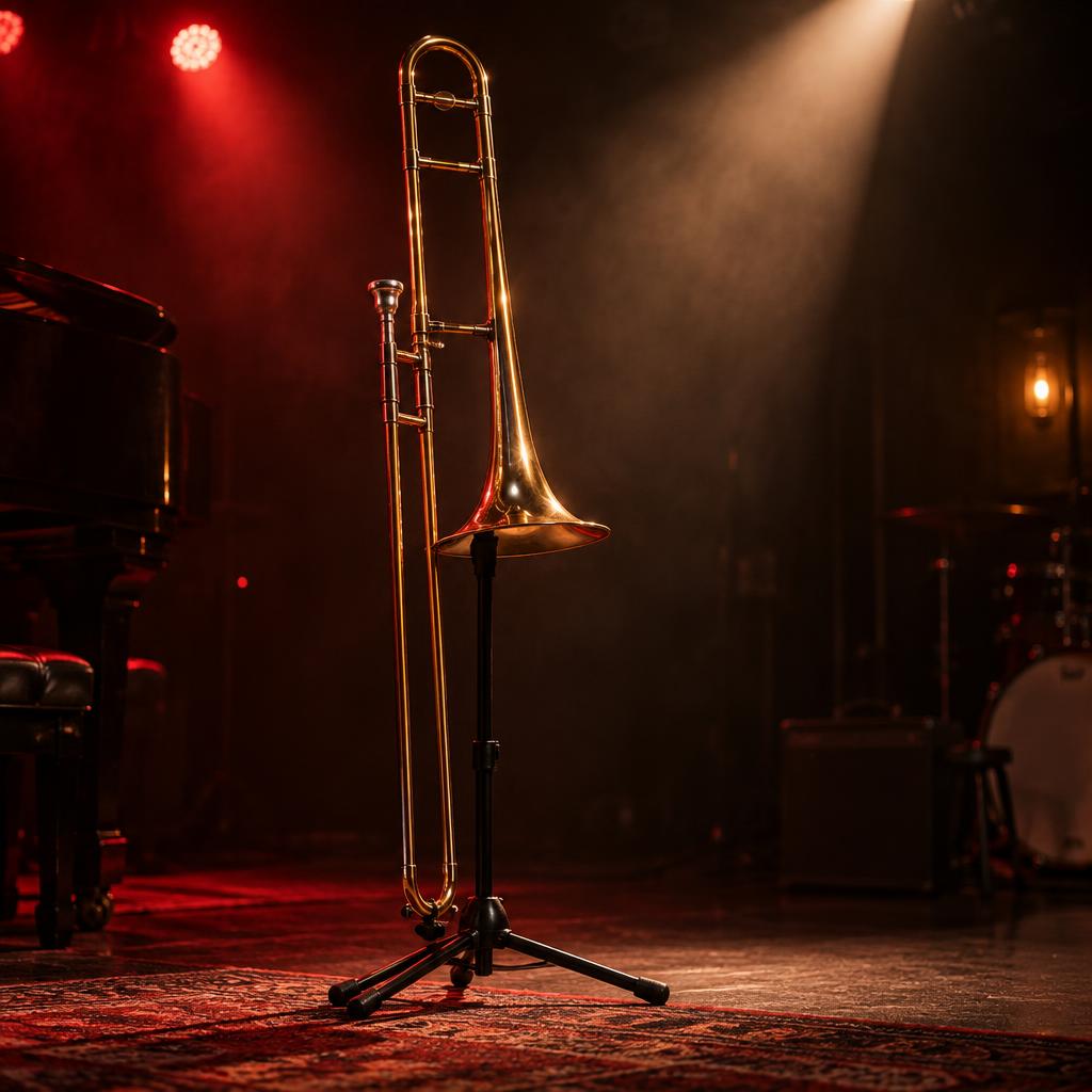 Brass trombone under a warm stage spotlight