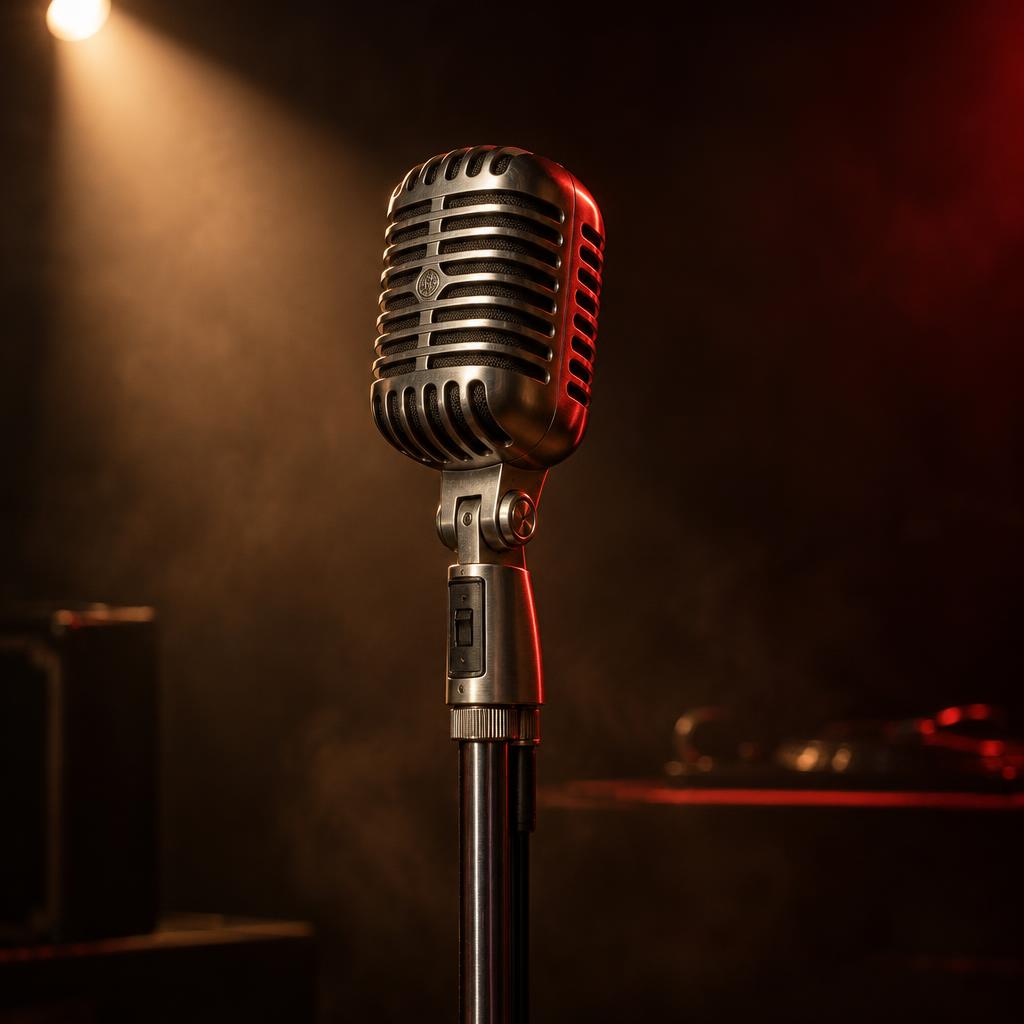 Vintage performance microphone in a moody spotlight