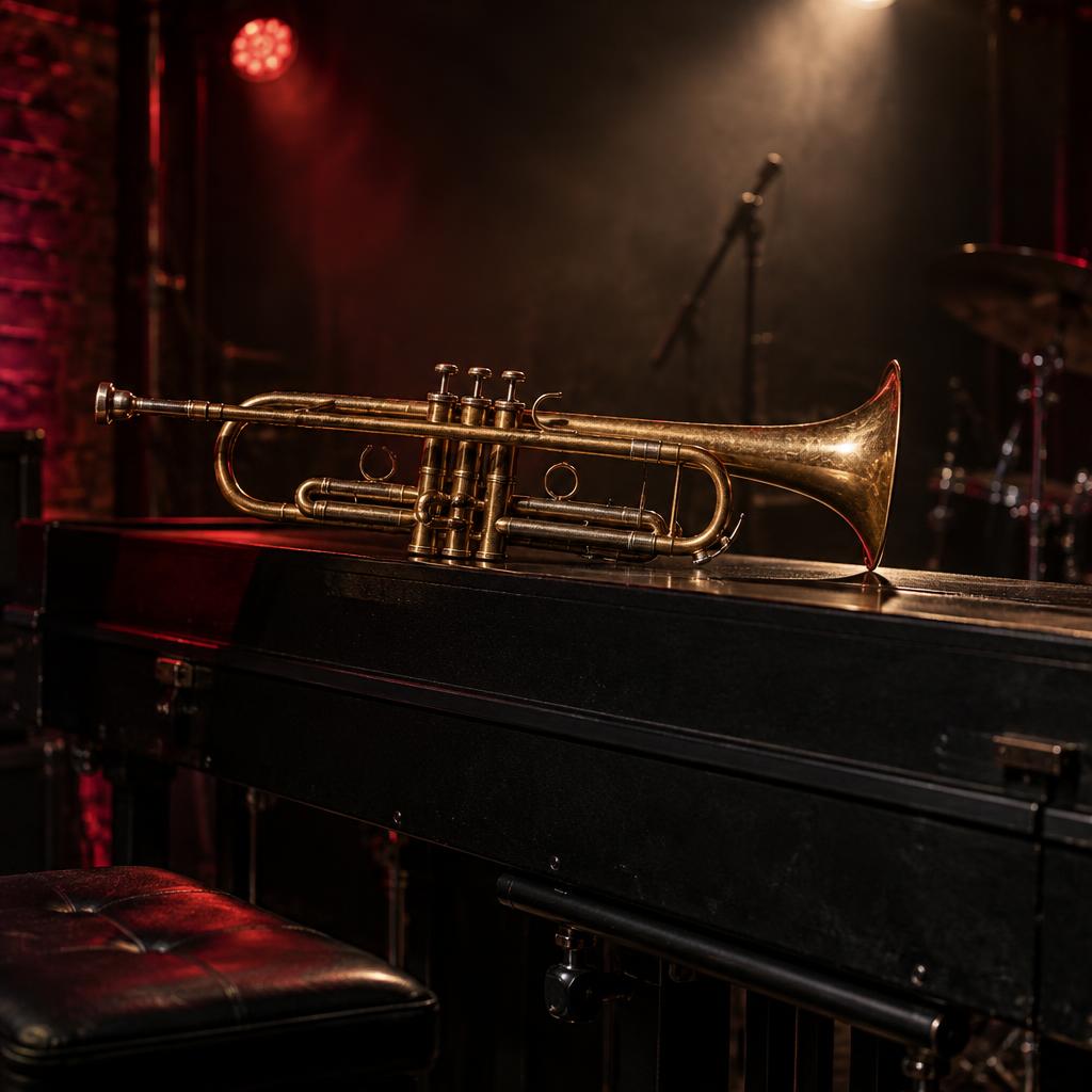 Brass trumpet resting on a stage piano under warm lights